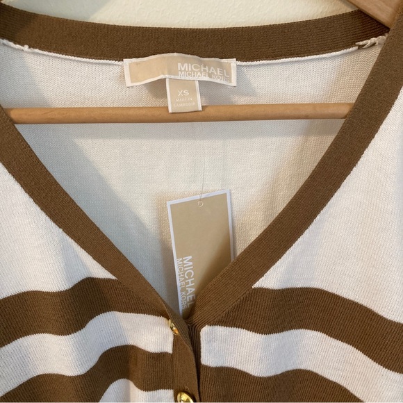 NWT Micheal Kors Button Up Striped White and Brown Striped Cardigan - Picture 2 of 5